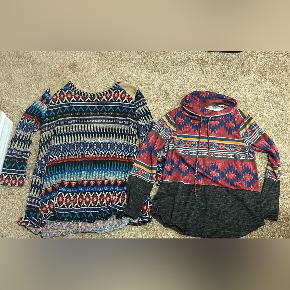 2pc Bundle Women’s Large Colorful Aztec Patterned Long Sleeve Sweater Tops
